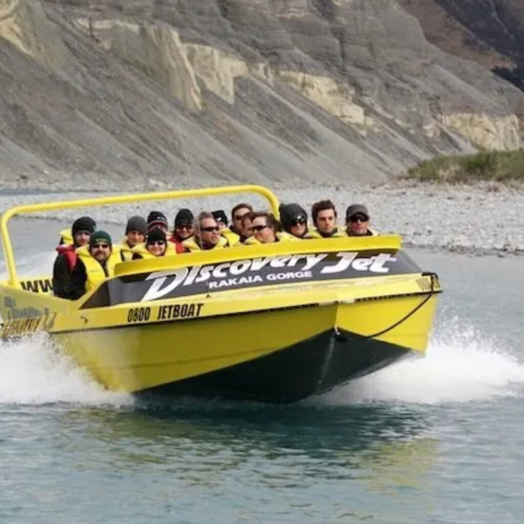 Group enjoying a Discovery Jet boat ride through Rakaia Gorge near Methven.